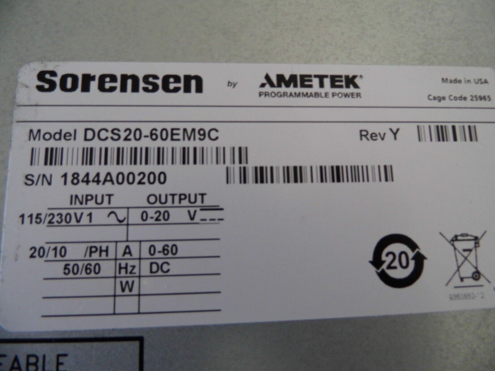 Sorensen DCS20-60E M9C Power Supply, 0-20 V, 0-60 A GPIB Sorensen DCS20-60E M9C Power Supply, 0-20 V, 0-60 A GPIB